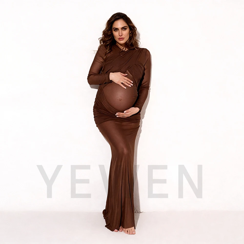 Pregnancy Dresses Brown Sheer Long Sleeve Ruched Cutout  Maternity Dress for Photoshoot Pregnancy Maternity Clothing YW26030402D