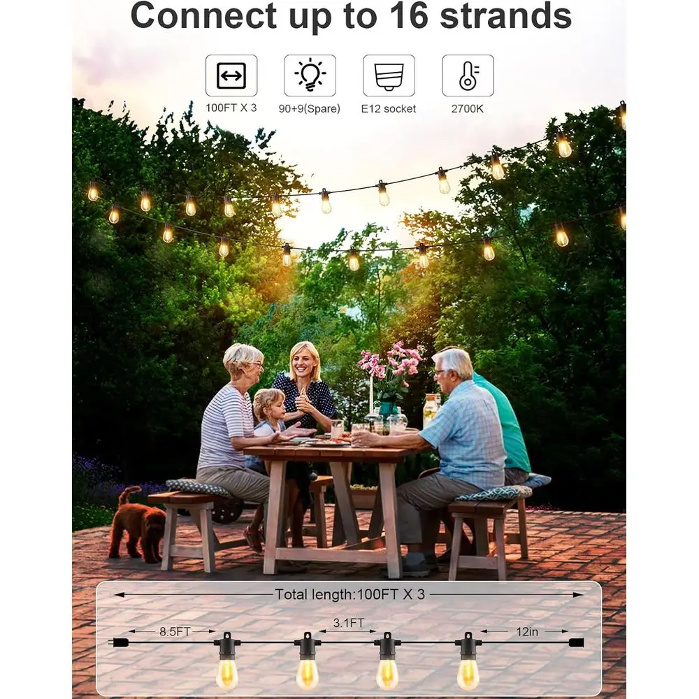 سلسلة أضواء خارجية 300 قدم، أضواء فناء للخارج مع لمبات مقاومة للكسر، ضوء معلق تجاري مقاوم للماء IP65 لـ Bac