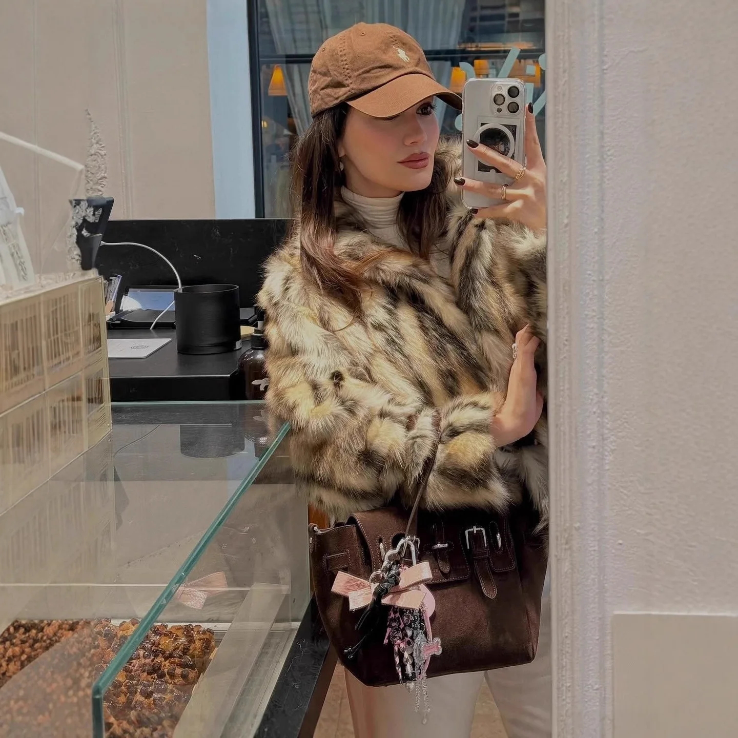 Faionable Kunstfell Jaet Damen Herbst Winter Bla White Spot Pattern Top Oberbekleidung Jugend Loose Fit Thiened