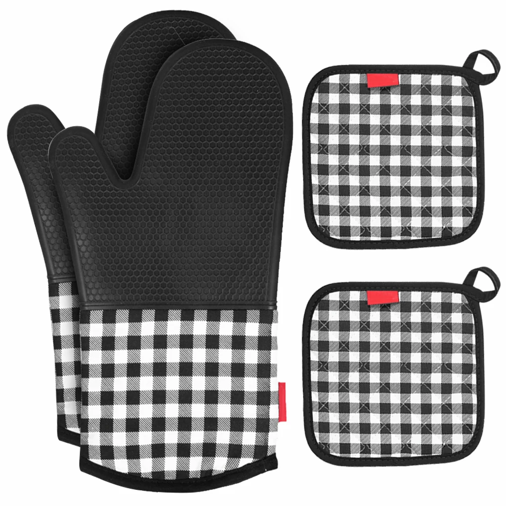 Heat Resistant Silicone Oven Gloves Non-Slip Oven Mitts + 2 Cotton Pot Holders for Kitchen Cooking Baking Grilling Barbecue--Bla