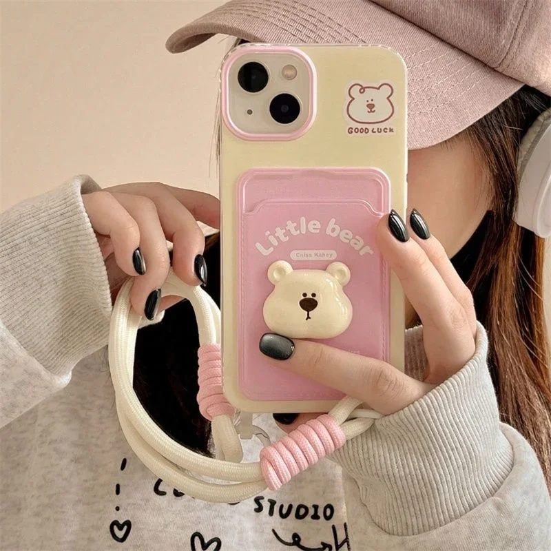 

3D Little Bear Doll Pink Painted Card Bag Phone Case with Same Phone Hanging Strap Phone Case For iPhone 11 12 13 14 15 pro max