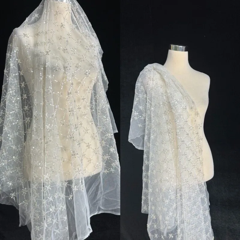 

White Bead Bead Tube Grid Mesh Sequins Fabric for Decorative Skirt Fabrics By The Meter Diy Sewing Material Cloth