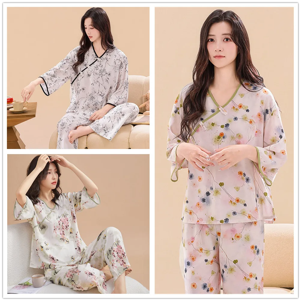 中国産ビスコースvネックプルオーバーパンツパジャマスーツ寝間着女性用ホームナイトウェア綿シルクツーピースセット