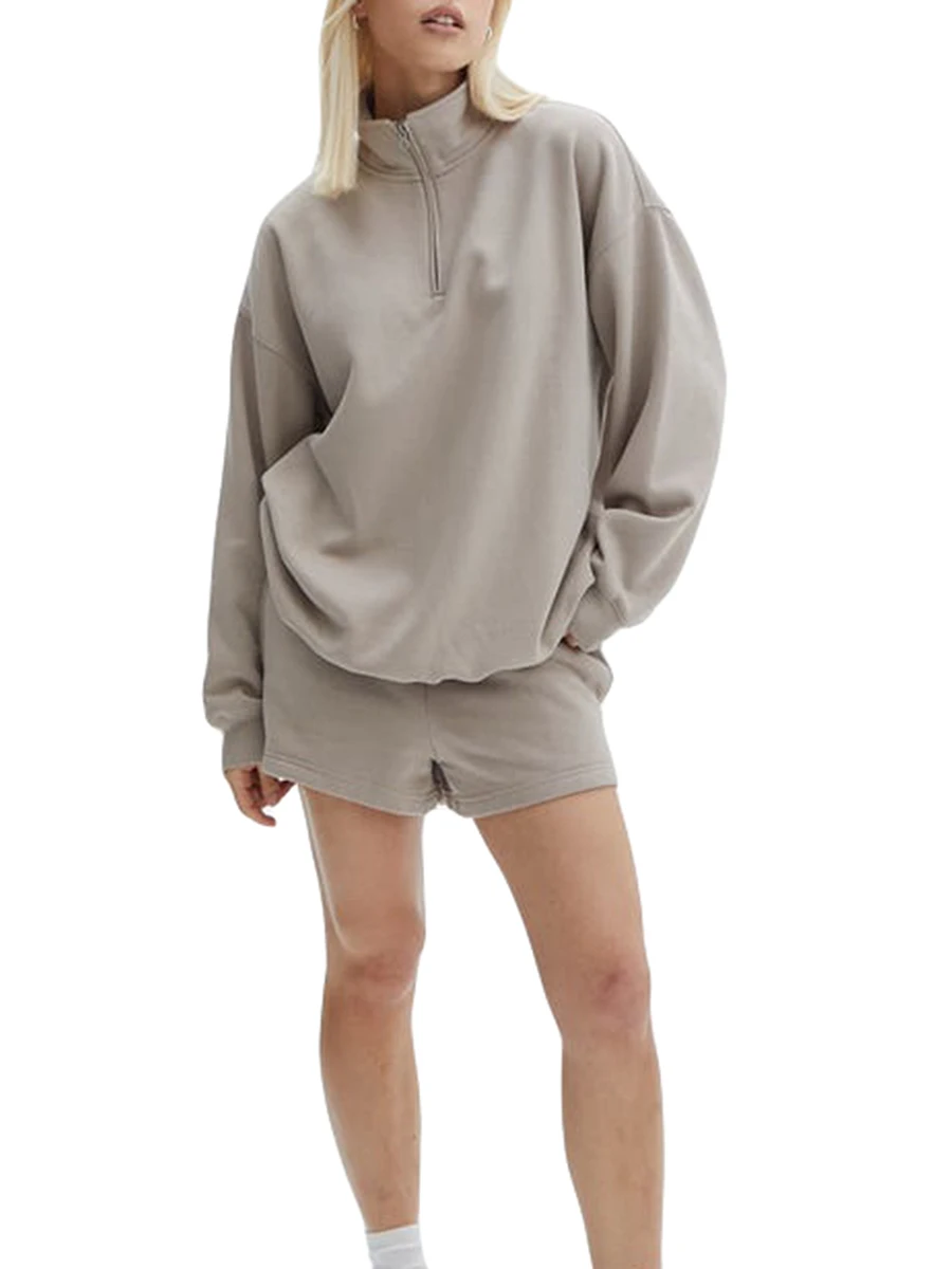 

Women s Cozy Lounge Set Oversized Sweater and Shorts Combo with Long Sleeve Quarter Zip Sweatshirt and Convenient Pockets