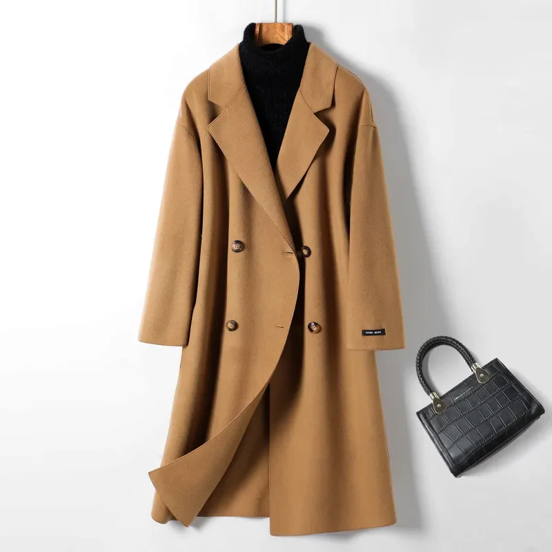 

High-End Casual Double-Sided Woolen Jacket Women Overcoat Fall Winter New Mid-Length Loose Double-Breasted Chic Wool Trenchcoat