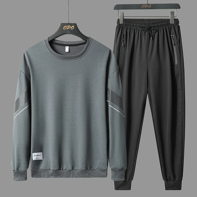 2Pcs Men Casual Tracksuit O Neck Long Sleeve Sweatshirt Tops+Zipper Pocket Joggers Pants Autumn Sports Suit Male Fitness Running