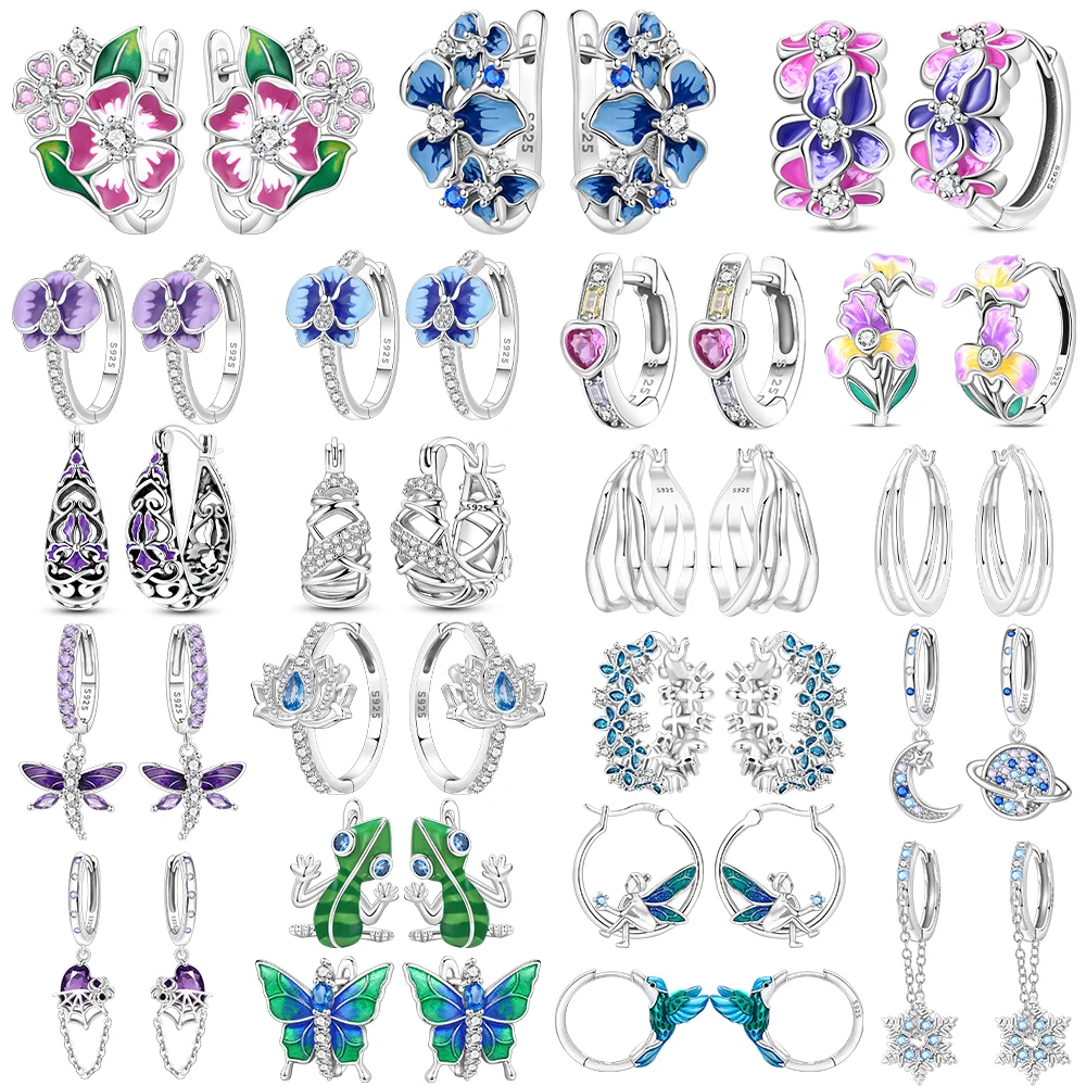 Animal Series Earrings Purple Butterfly Hummingbird Earrings Blue-green Chameleon Hoop Earrings 925 Silver Fine Jewelry Birthday