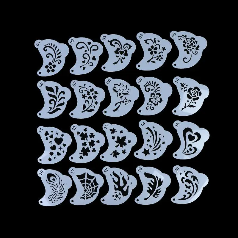 20Pcs Reusable Face Painting Stencils - Durable Pet Plastic, Washable & Reusable With Assorted Floral, Spiderweb, Heart Designs