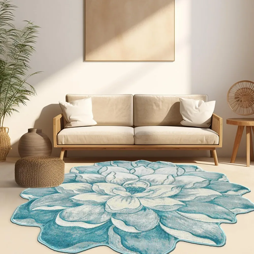 

Flower Rug 5ft Round Area Rugs Cute Plush Flower Shaped Rug Circle Girly for Bedroom Floor Living Room Carpet 301 Blue