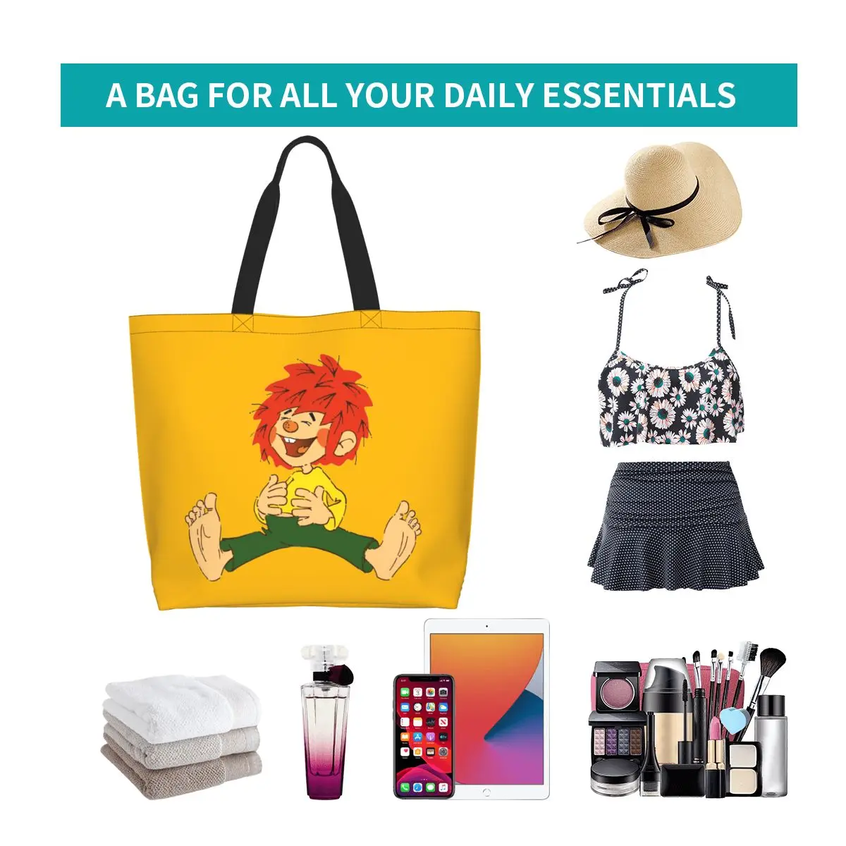 Pumuckl Happy Shopping Tote Bag Canvas Large Capacity Shoulder Bags Shopper Grocery Handbag for Women