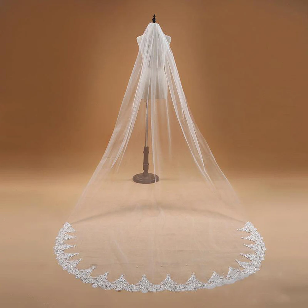 Véu de Noiva 3M Camada Única com Borda de Renda Branco Marfim Catedral Longo Acessório de Casamento Barato Véu de Noiva