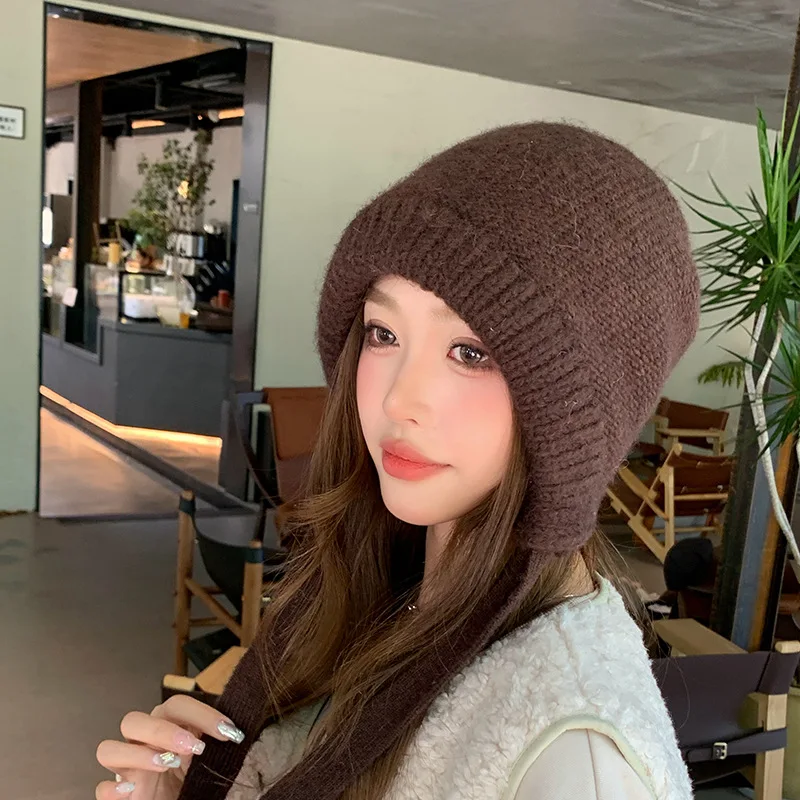 Japanese and Korean style simple drawstring yarn hat for ladies, cycling ear-protecting, fashionable and lazy