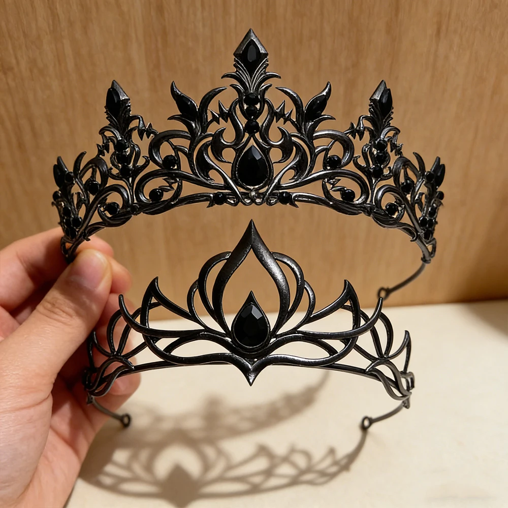 

2pcs Retro Dark Carved Crown Black Diamond Gilded Headpiece Gothic Style Mysterious Headcrown Banquet Cosplay Ball Accessories