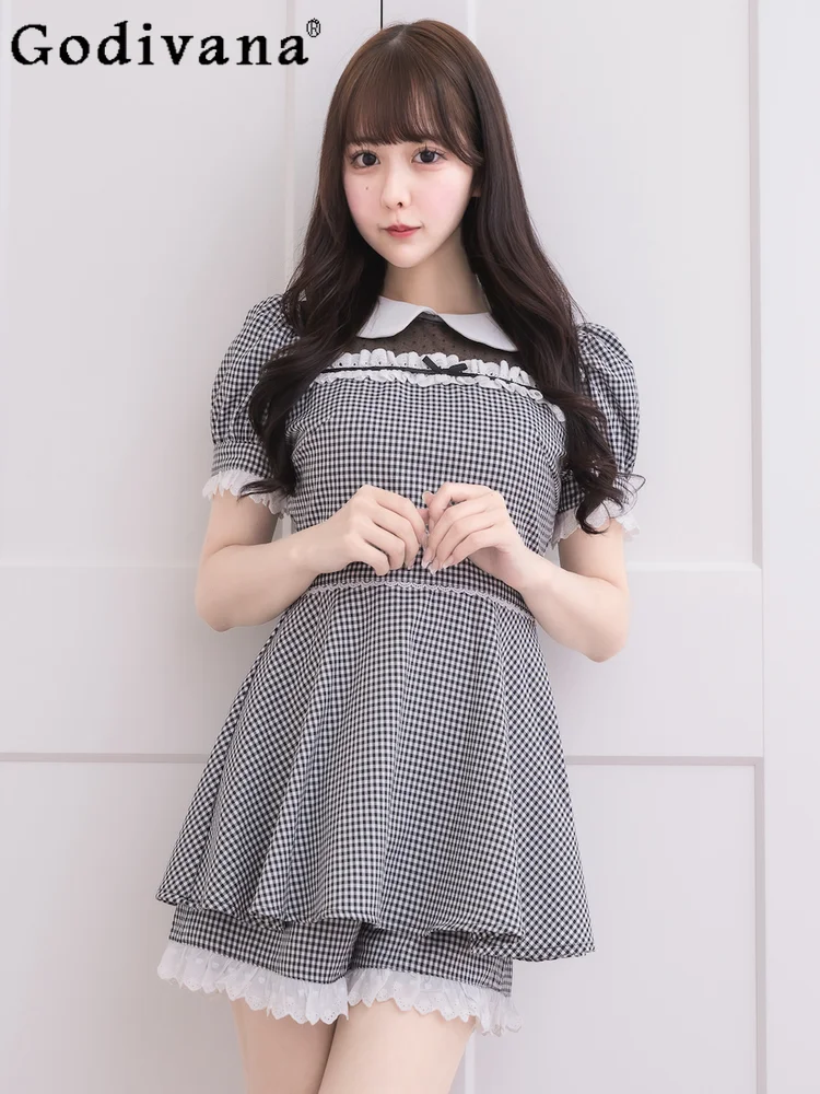 

Японское милое платье для девочек, комплект 2025 г., женское облегающее элегантное платье с кукольным воротником и короткими рукавами, шорты, комплекты из 2 предметов, женская одежда