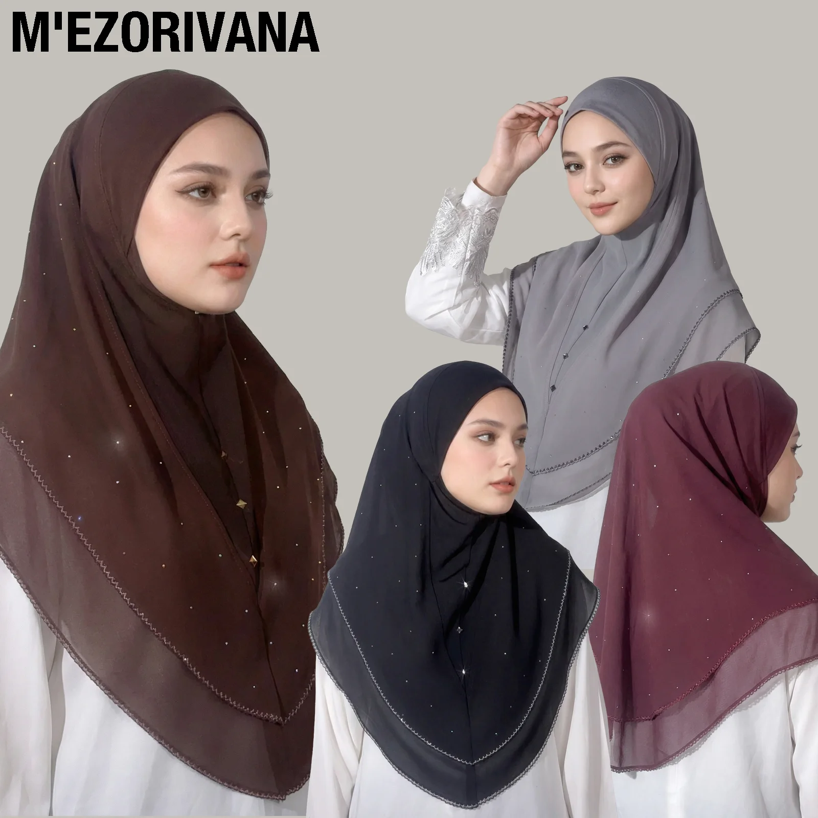 1Pc Muslim Women's Instant Hijab, Double-Layer Chiffon Splicing Design + Diamond-Studded Starry Pattern, Elegant, Casual, Fashionable, and Beautiful, Convenient to Wear, Suitable for Occasions Such as Ramadan and Eid Gifts.
