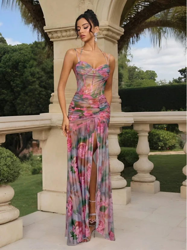 

Fashion Flower Print Spaghetti Strap Dress Women Sexy Low Cut Folds Slim Slit Mesh Long Dresses Casual Vacation Style Vestidos