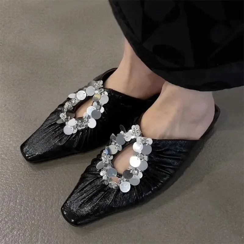 

Pleated Design Women's Slippers Summer Baotou Half Slipper Fashion Sequin Hollow-out Slippers for Women Mueller Slippers Slides