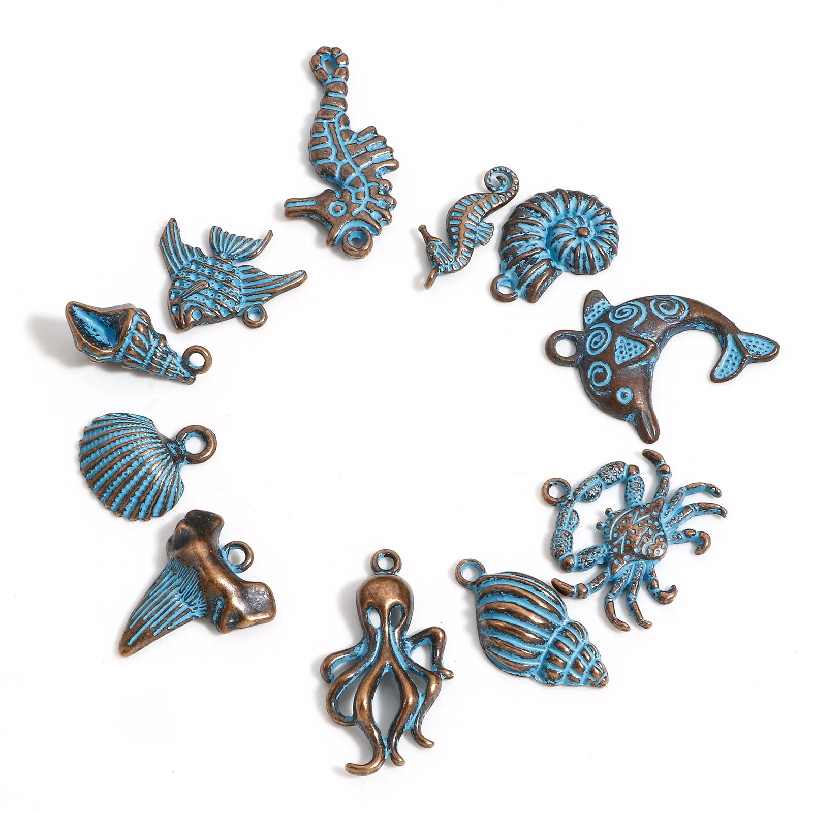 DoreenBeads 20 Piece Antique Bohemian Ocean Charms Antique Copper Blue Patina Dolphin Crab Pendants DIY Necklace Jewelry Making