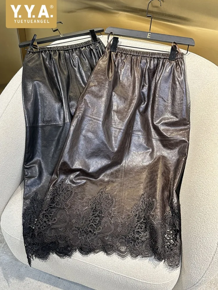 Elegant Women Lace Embroidery Spliced Knee Length Sheepskin Genuine Leather Skirt Lady Autumn Fashion Slim Elastic Waist Skirts