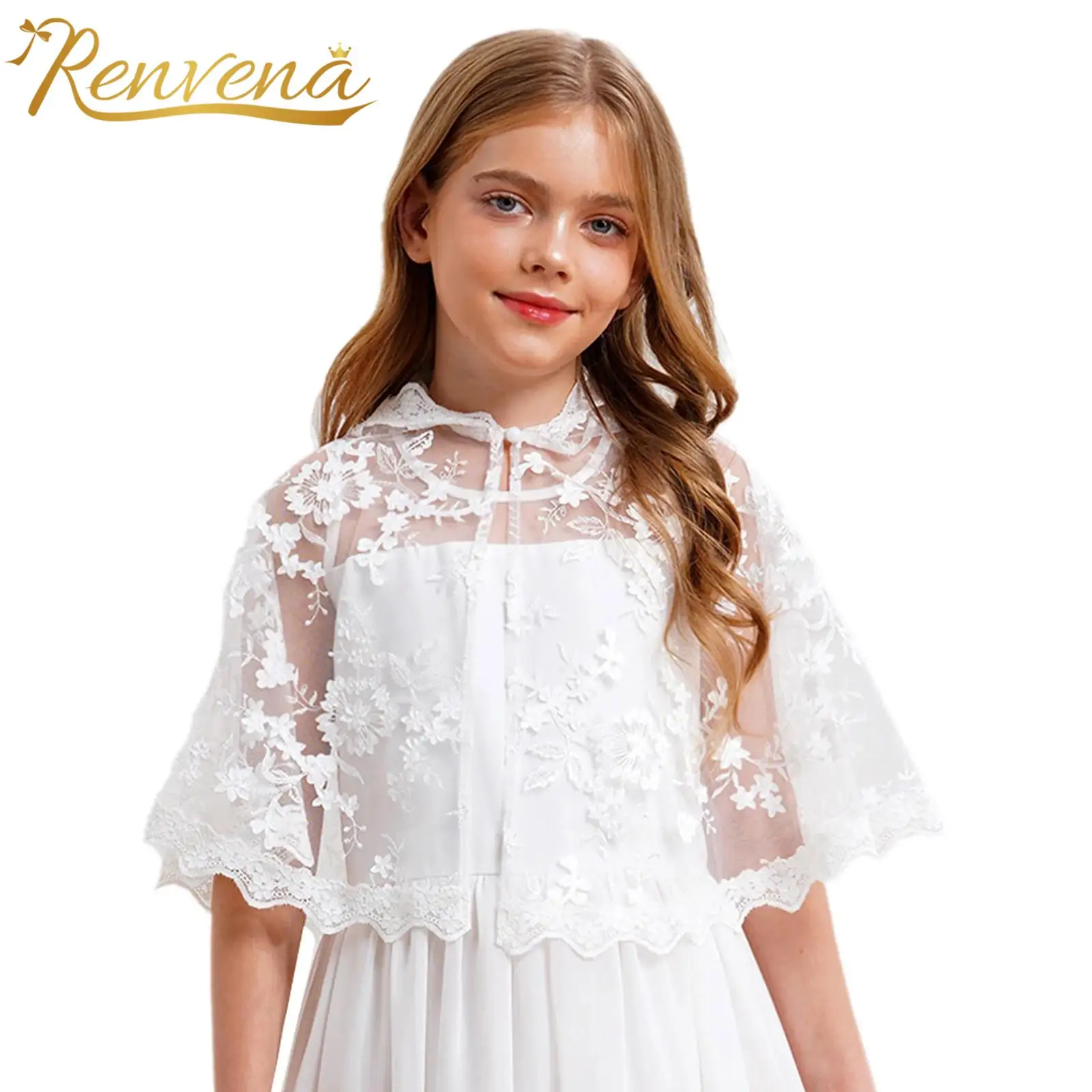 

Flower Girls Wraps Sheer Mesh Hooded Cape Floral Lace Trim Bolero Shawls for Formal Dress Wedding Party Accessories Outerwear