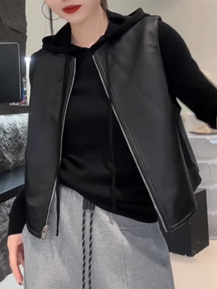 

2024 New Sle Genuine Leather eepskin Vest mat Casual Svel Jaet Trendy Zipper ort Length Pure Color