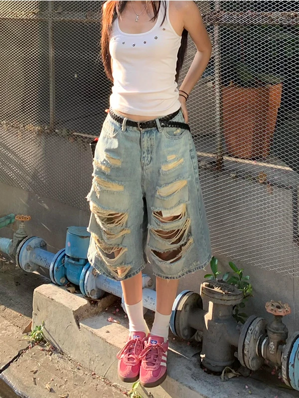 

Джинсовые брюки в стиле ретро в американском стиле Seven-Foot, женские летние новые уличные свободные брюки в стиле хип-хоп, широкие брюки с высокой талией