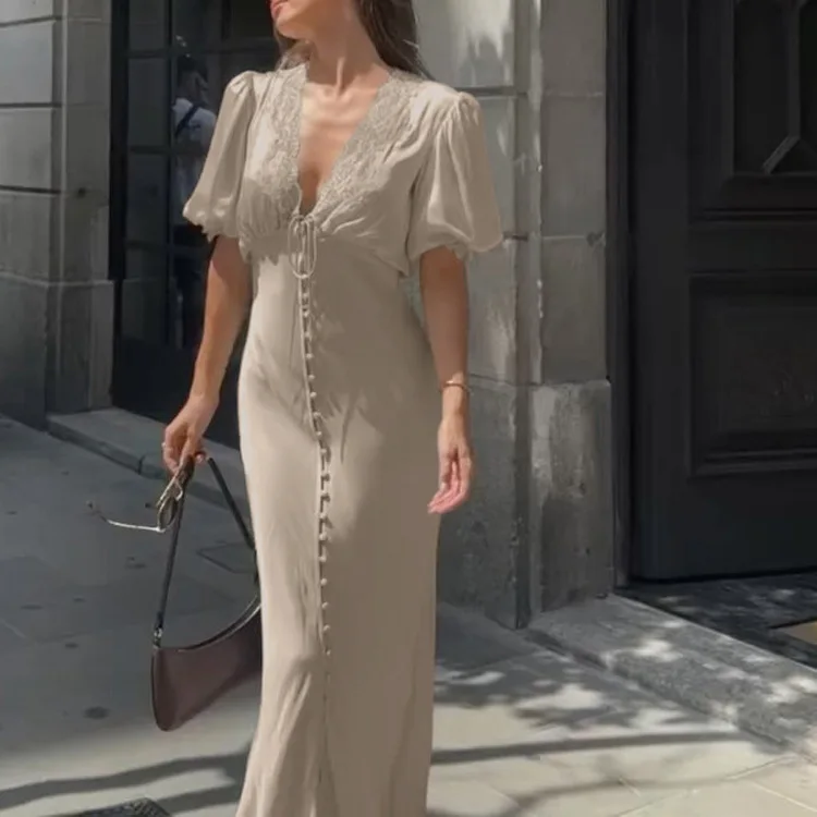 

Summer Loose Khaki Satin Women's Dress Sexy V-Neck Short Sleeve Ankle Length Dress Elegant Classic Lace-Up Party Dresses