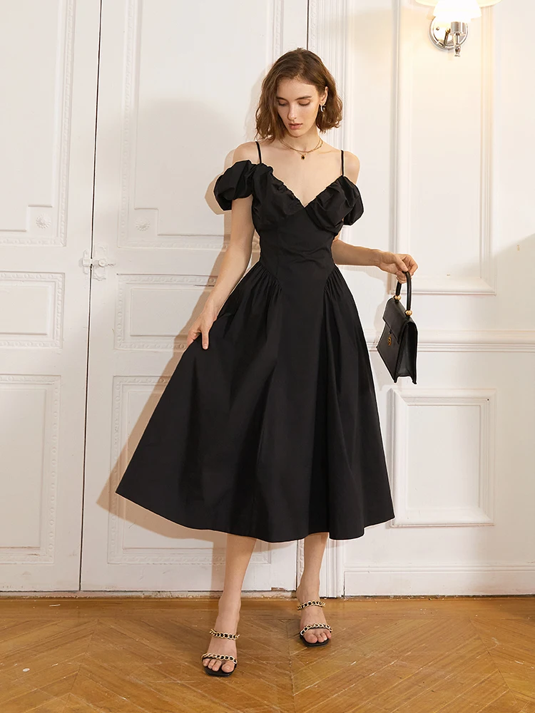 

Slimming Effect Bla Summer Dr Original Design Bubble Sve V-Ne Strap Long Dr Cotton Blend High Waist A-Line Skirt