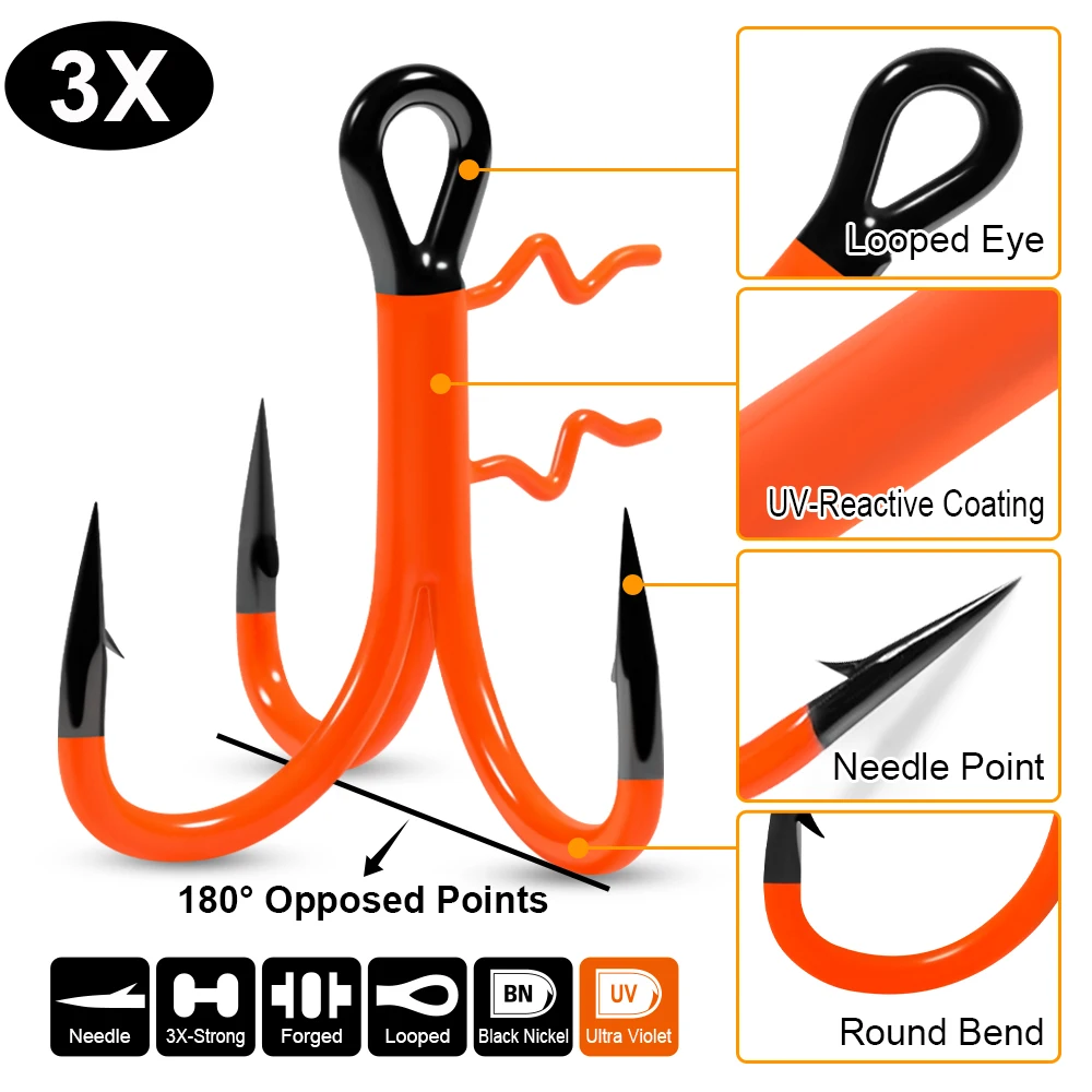Spinpoler Antler Treble Hook 3X Extra Heavy Forged Wire T-type 1/0 2/0 3/0 Orange UV-reactive Coating For Swimbait Curltail Lure