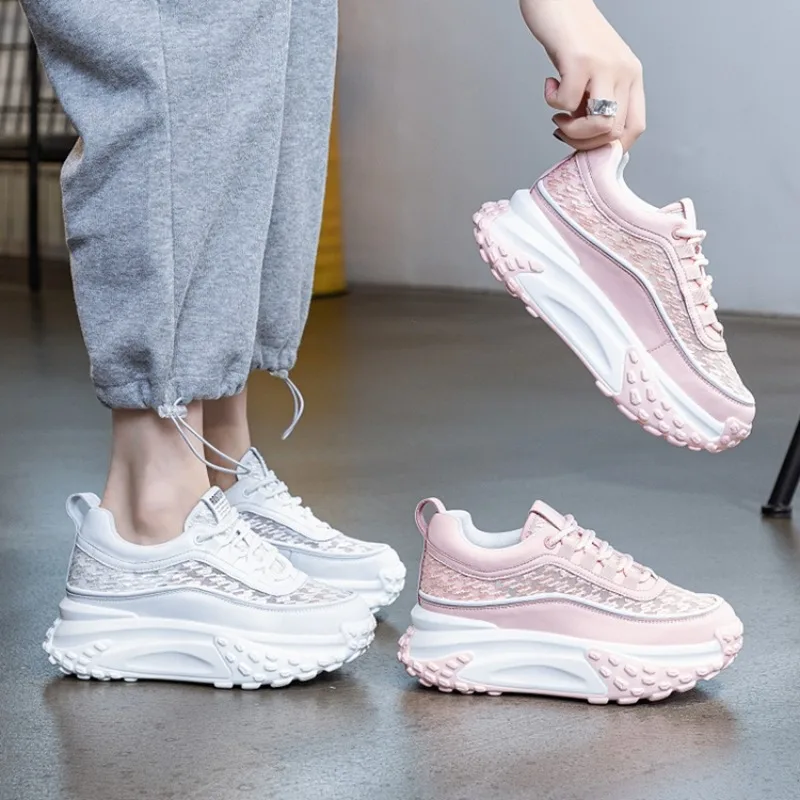 Casual Women HollowLaceMeshPlatformSneakersTreadChunkySole Lace‑Up Height‑Increasing Non‑Slip Daily Walking Dad Shoes White Pink