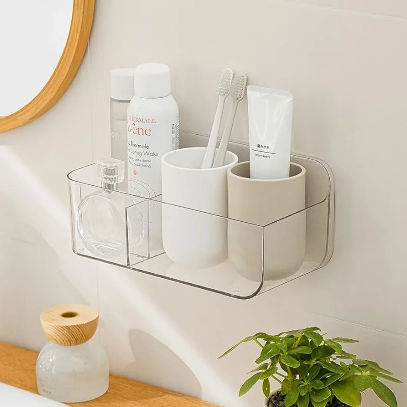 

Wall Mount Storage Organizer, Clear Storage Box Holder Basket with 3 Compartments No Drilling Hang Walls/Doors