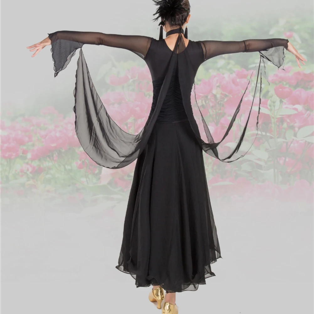 Standard-Tanzwettbewerbskostüm, Netzband, Gesellschaftstanz, langärmeliges Walzerkleid, Flamenco-Show-Kostüm mit V-Ausschnitt