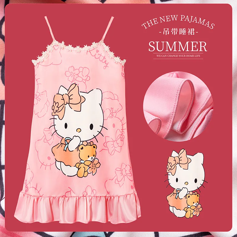 2024 Sanrio Children's Nightdress Summer Slip Dress Girl Princess Cute Cartoon Sweet One-piece Comfortable Home Wear Pajamas