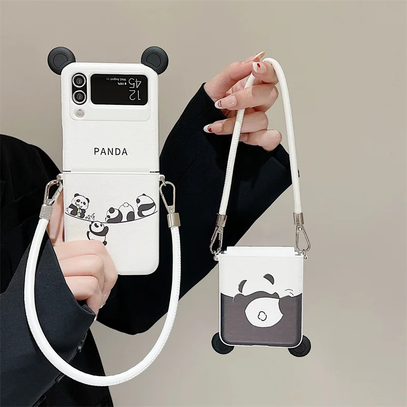 

Cute Panda Pattern White Case With Leather Lanyard For Samsung Galaxy ZFlip 4 5 6 ZFlip 6 ZFlip6 Shockproof Back Cover