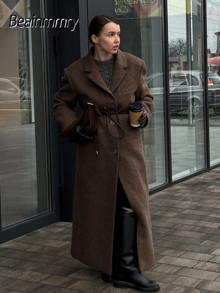 

Elegant Women's Brown Wool Blend Overcoats Chic Shoulder Pads Single-breasted Long Sleeve Coats Autumn 2025 Commuter Outerwears