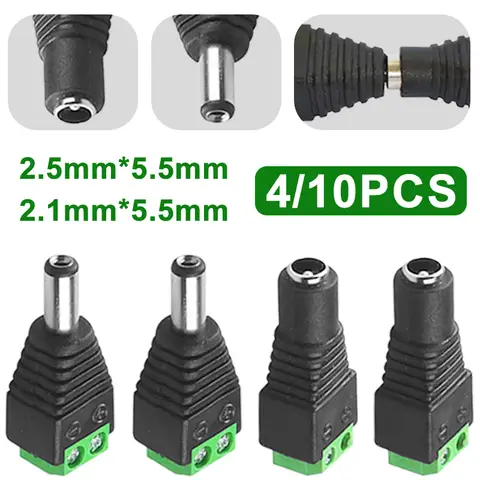 4/10Pcs DC Power Plug DC Power Socket Female Jack Adapter DC Male Plug Connector for CCTV Camera Connect 2.1/2.5mm*5.5m