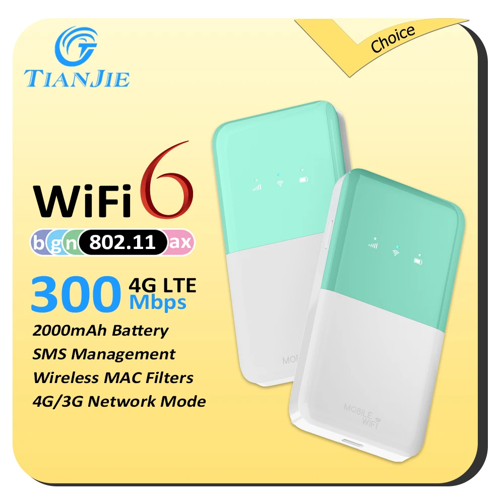 

TIANJIE Wifi 6 Router 4G LTE Mobile Wifi 300Mbps﻿ Hight Speed Hotspot Portable USIM Router 2000mAh Travel Office Wifi Modem