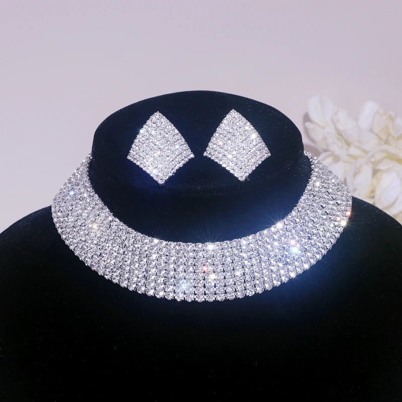 Trendy Shiny Multi-Layer Rhinestone Collar Choker Necklace for Women Elegant Ladies Wedding Short Necklace Earrings Jewelry Set