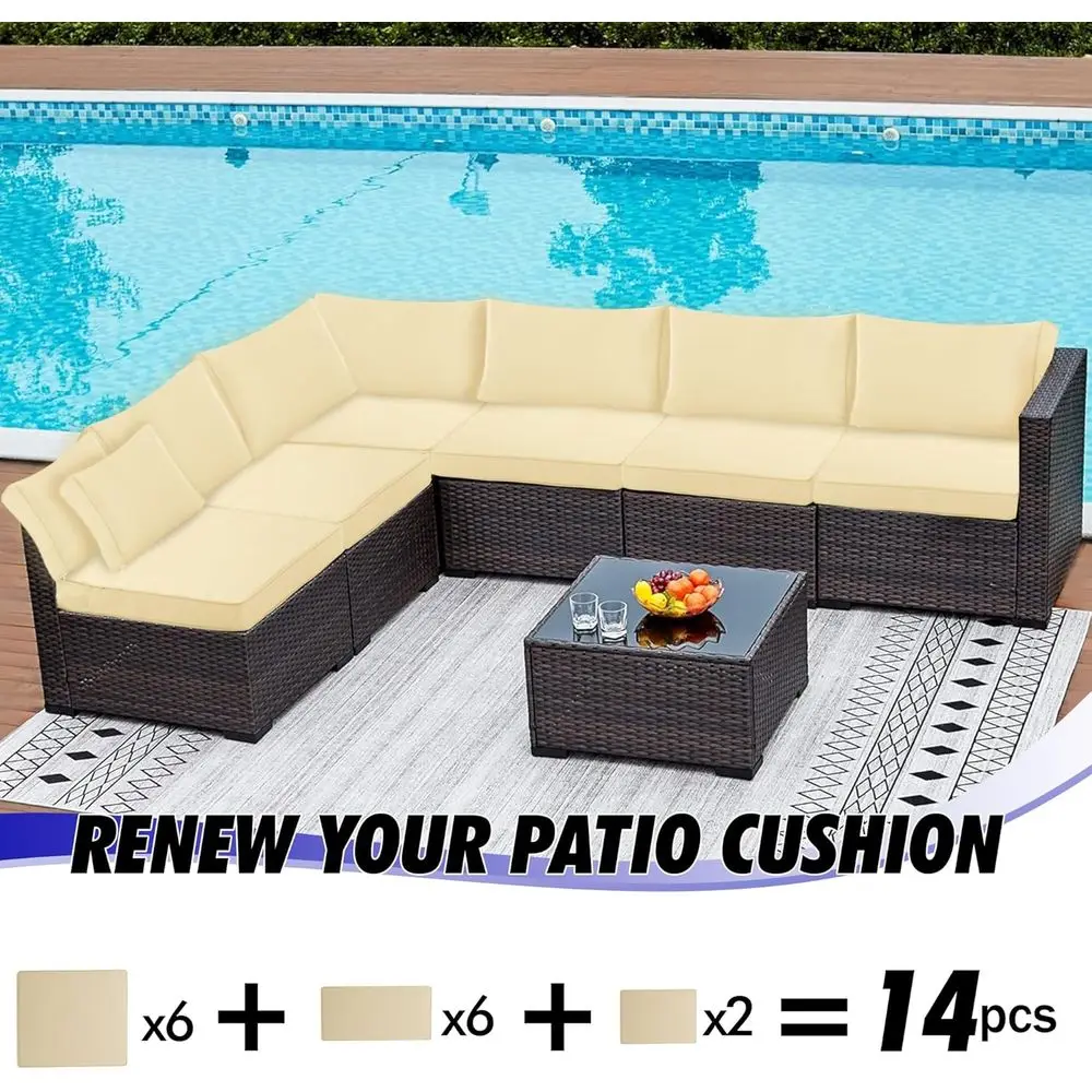 Set Bantal Teras Luar Ruangan 14 Buah untuk Furnitur Seksional 6 Kursi - Penutup Tahan Air Warna Beige