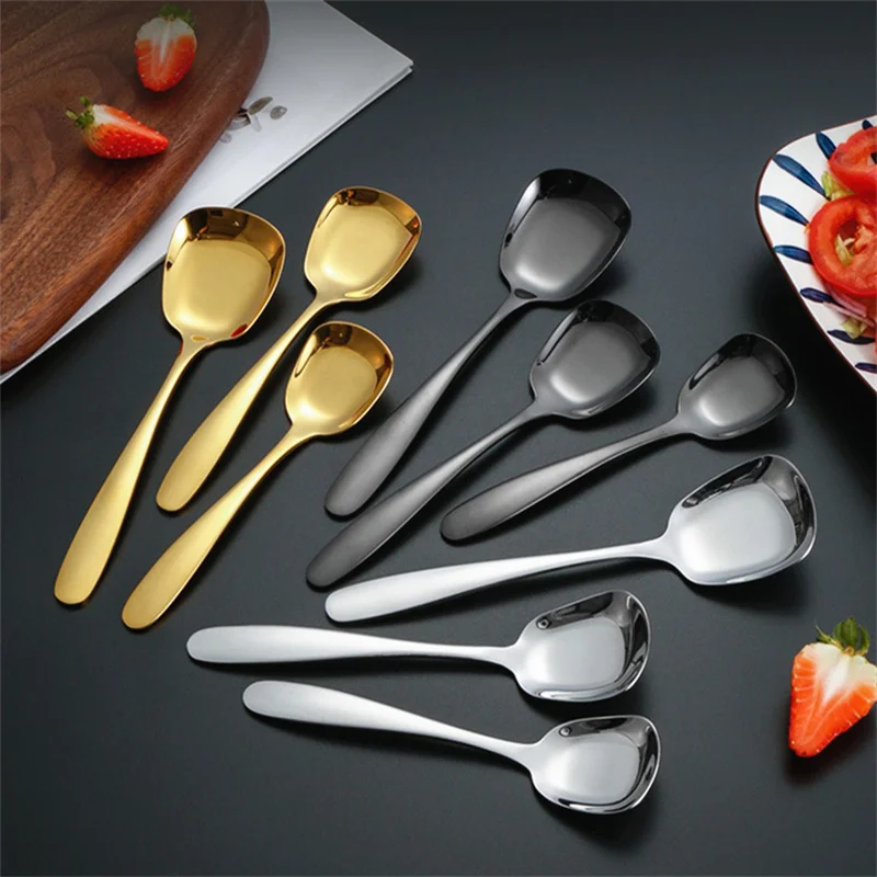 3 Size Stainless Steel Large Square Kitchen Spoon Flat-bottomed Rice Soup Ladle for Dessert Ice Cream Serving Spatula Tableware