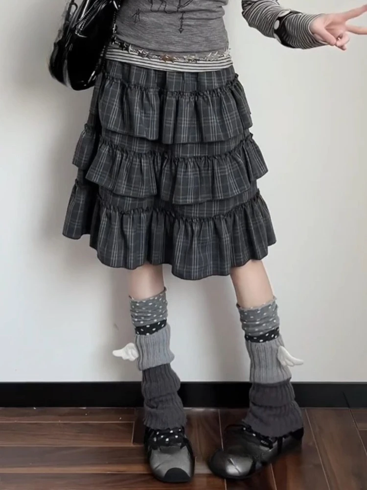 New Vintage Grey Plaid Cake Skirt Women American Retro Sweet Subculture Fluffy Skirts New Design Chic High Street Outfits 2026