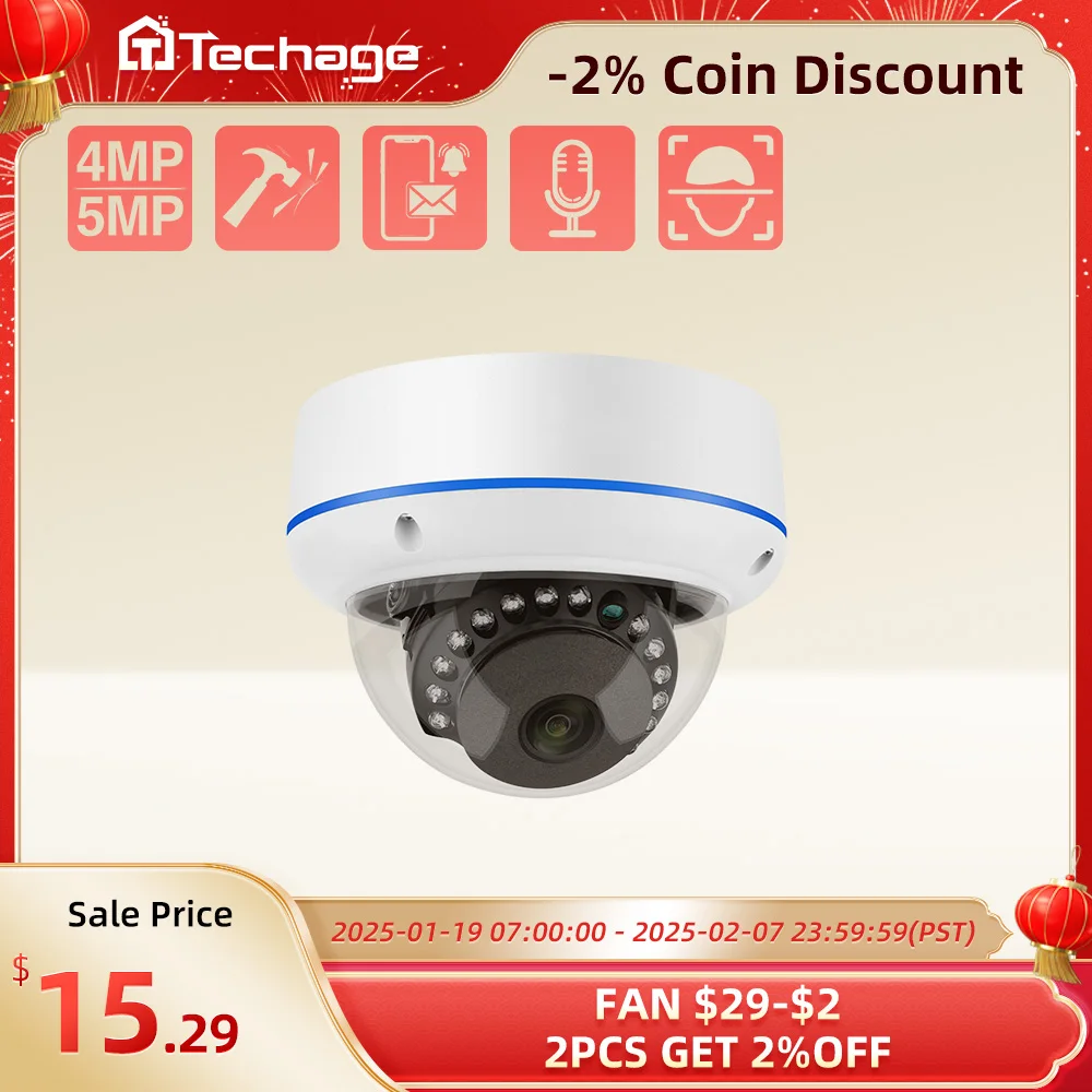 

Techage H.265 4MP 5MP Indoor Dome 48V POE IP Camera Audio VandalProof IPC P2P Video CCTV Security Surveillance Onvif Protocol