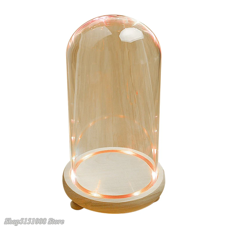 Nowoczesny szklany lampka nocna Dome Cloche dekoracyjne nakładki suszony kwiat ozdoby Handmade Craft Jar kolor drewna podstawa ze stopami LED Light