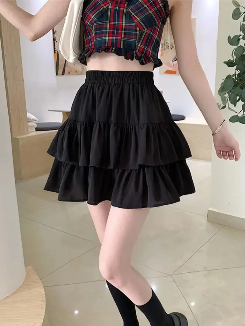 

Pleated A-line Skirt White Women Ruffles Sweet Hottie Preppy Style Elastic Waist Slim Thin Simple Casual Summer Wholesale 5NDG