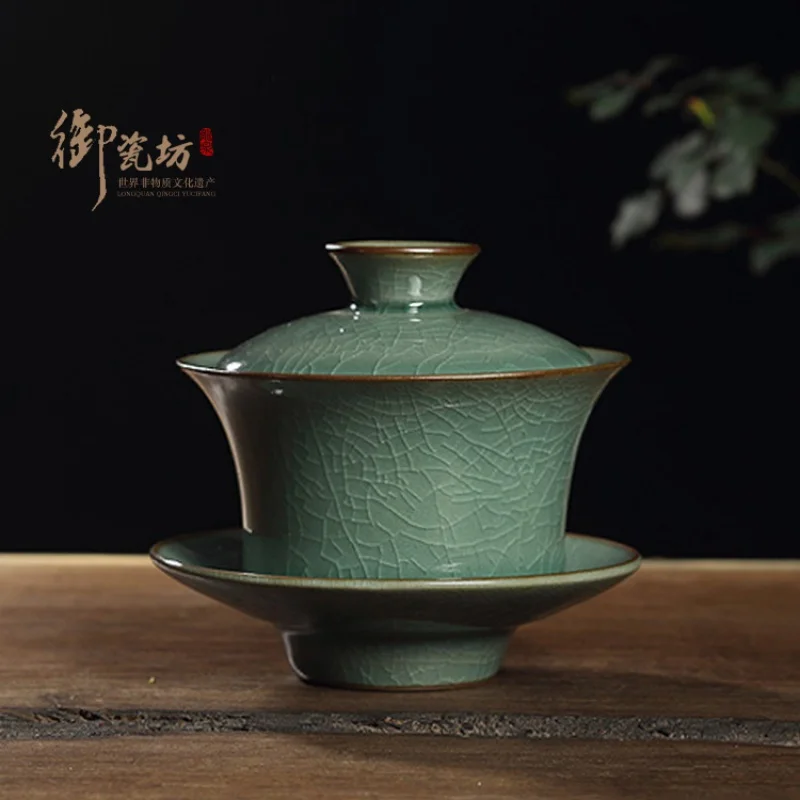 |Boutique Celadon Tureen Handmade Ceramic Ice Crack Gaiwan Kung Fu Tea Set Teacup Ge Kiln Opening Film Tea Bowl Large