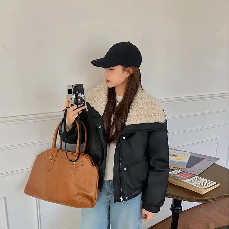 厚いフェイクラム Pu レザー女性 Y2k ストリートウェアルーズラペルオートバイコート Bf アメリカンレトロ暖かいボンバーアウター新しい