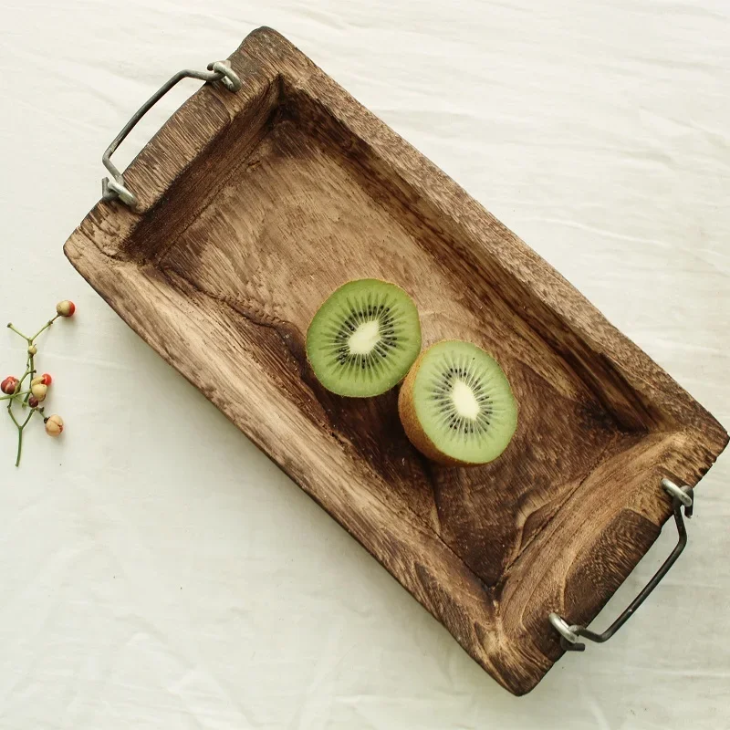 Log Tray Rectangular Wooden Tea Solid Wood Hotel Dinner Coffee Serving Dessert Bread Snack Fruit Tray Storage Decorative