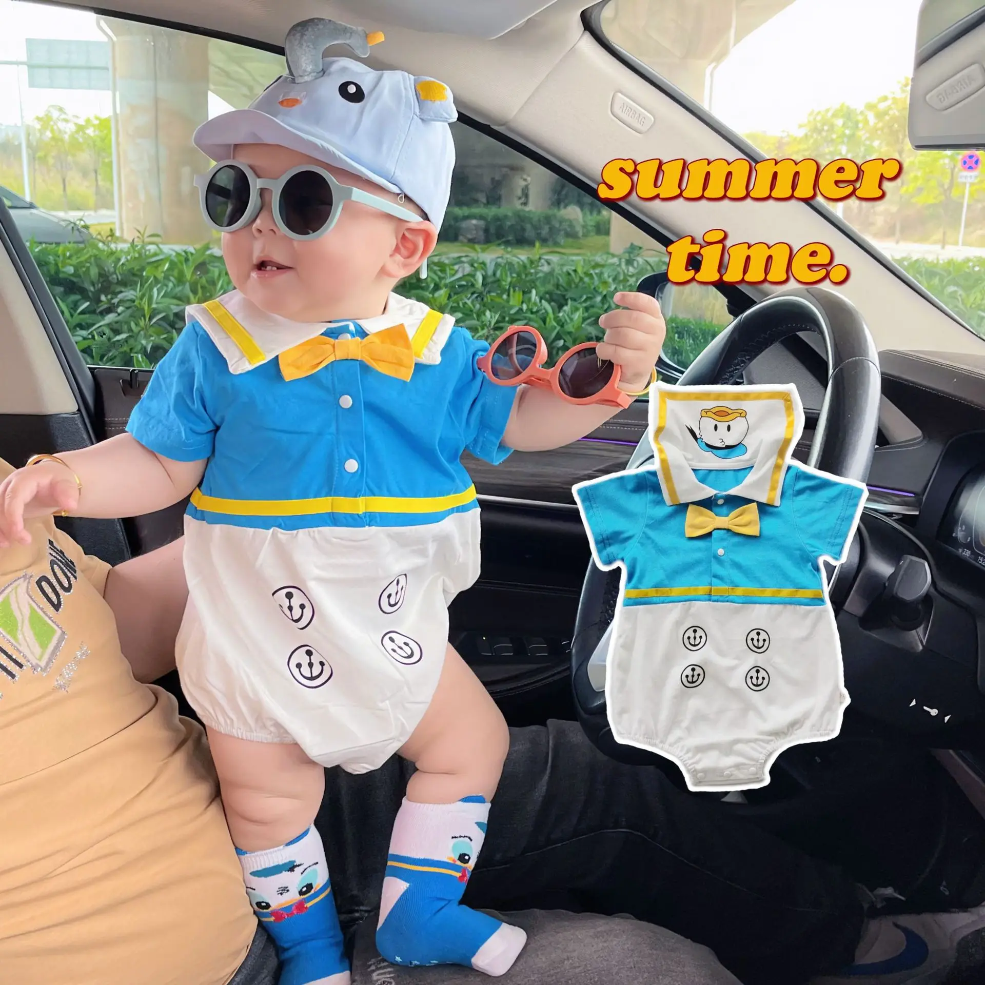 Disney Donald Duck Rompers Cartoon Short Sleeve Triangle Wrap Butt Jacket Navy Collar Blue Cotton Male Boha Suit Baby Clothing