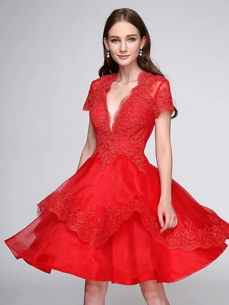 Robe trapèze rouge à manches courtes et col en V, appliques en dentelle, robe de soirée formelle, robe de Rhen organza, zones de cocktail élégantes, mignon