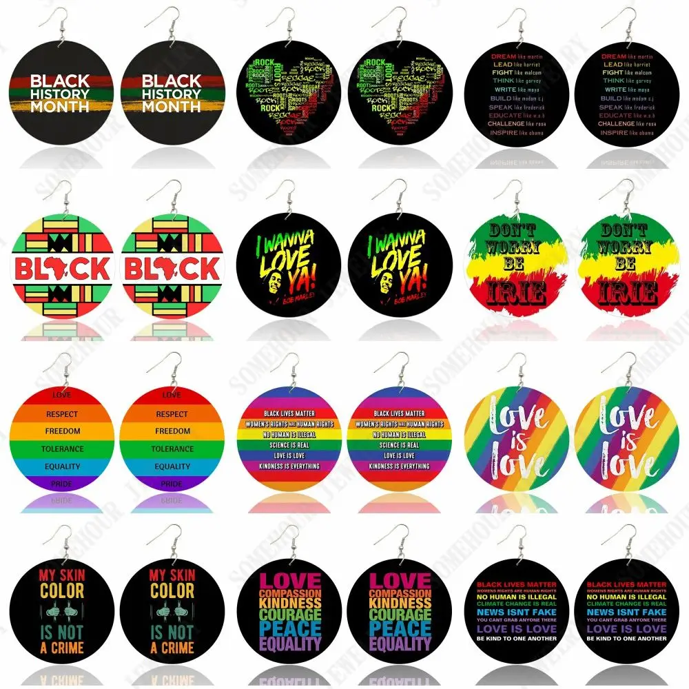 SOMEHOUR Black History Month African Roots Woman Wooden Drop Earrings Love Is Love Respect Equality Sayings Rock Hiphop Dangle
